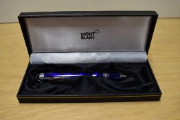 A boxed Montblanc Skywalker Cool Blue ballpoint pen (VR1978344) with chrome trim and clear domed