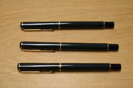 A Parker Rialto converter fill fountain pen and two Rollerball pens in Laque Dark Green