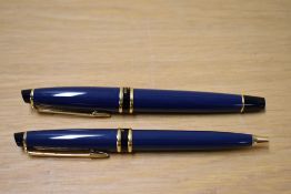 A Waterman Expert cartridge converter fountain pen and ballpoint pen in Blue Laque