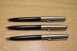 Three Parker 45 propelling pencils in black with lustraloy caps