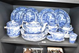 A blue and white Copeland Spode 'Italian' pattern dinner service, decorated with landscape scenes,