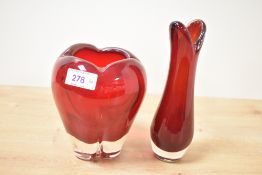A mid-century Whitefriars glass ruby red molar vase, h14cm, sold together with a beaked glass