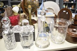 A Dartington clear crystal conreal decanter having tear drop style stopper, h36.5cm, sold together