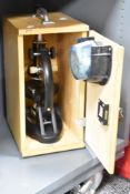 A vintage microscope set in wooden carry box, h35cm