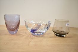 A Caithness glass vase with hand engraved owl decoration, h13cm, sold together with a swirl glass