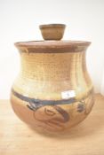 A large studio pottery storage jar / bread crock, hand painted with stylised bird patterns, h33cm