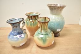 A vintage ceramic vase having flared rim and drip glaze, h22cm, sold together with 3 other vases, (