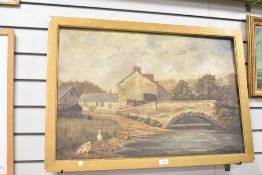 An early 20th century oil on board depicting farmhouse beside a river, signed bottom right, 83cm x