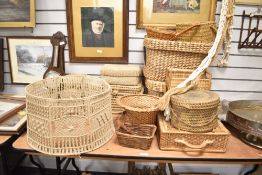 A Macrame shade, h29cm, sold together with plant hangers and a selection of woven baskets ect, (14)