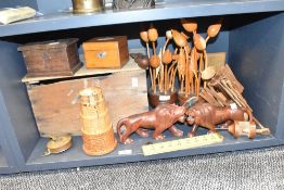 A oak lidded box, w37cm, sold together with a pair of lion figures, a measuring tap, a puzzle
