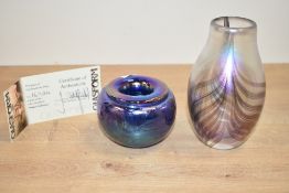 A John Ditchfield for glassform hand blown iridescent art glass of circular form, signed to base, No