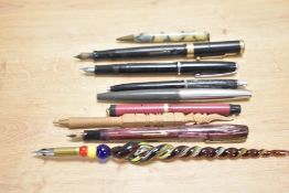 A selection of Fountain, Dipping, Propelling pencil, and ballpoint pens. Includes Parker, Waterman