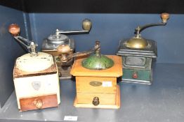 A vintage 'Peugeot' coffee grinder having metal handle and wooden drawer, h15cm, sold together