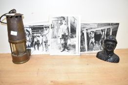An early 20th century Eccles miners lamp, h24cm, sold together with a resin miner figure and a group