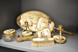 A 20th century vanity set, decorated with Chinese figures within a landscape scene, to include