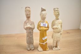 A Chinese pottery female figure wearing a long yellow glazed robe, H23.5cm, sold together with two