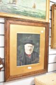 Head and shoulders portrait of an old man in a black suit, print, framed and glazed w47cm x h54