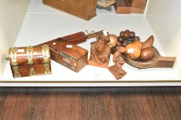 A 19th century walnut stationary box, decorated with pierced brass strap work mounts, the dome top