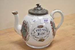 A ceramic tea pot having pewter lid, shaped handle and spout, inscribed 'A Present from Morecambe