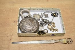 A collection of costume jewellery and silver items, including a white metal 800. grade letter