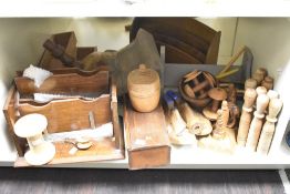 A oak stationary box, w30.5cm, sold together with two tile cutters, bowling pins and a book trough