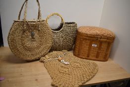 Two woven handbags, largest w41cm, sold together with a basket and a shopper tote bag, (4)