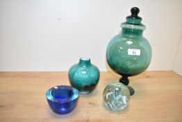 A mid-century Empoli glass vase in teal blue, h29cm, sold together with a Murano style donut bowl in