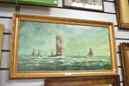 A 20th century oil on board depicting a maritime scene, L66cm x h36cm overall