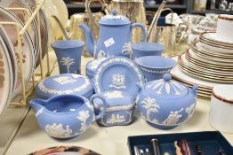 A Wedgwood blue and white Jasperware pattern ceramic coffee pot, decorated with neoclassic reliefs,