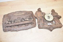 A cast resin oak effect precision barometer, h20cm, sold together with a resin last super, (2)