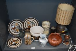 A hand coloured ceramic duck study, h23cm, sold together with a studio pottery lamp, and various