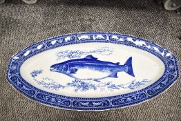 A Royal Doulton blue and white fish platter, the border decorated with sea creatures and the