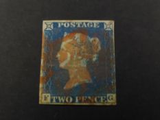 GB 1840 2d BLUE 3 GOOD MARGINS, 4th TOUCHING CORNER LETTER FG WITH RED MALT X 3 margin 2d blue (no