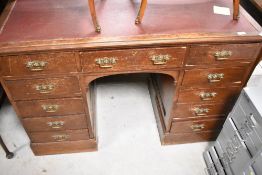 A Victorian stained frame pedestal desk, having brass Aesthetic style handles, width approx. 118cm