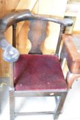 A 19th Century corner chair having later upholstered drop in dralon seat, af, back splats loose