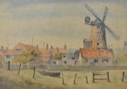 Artist unknown, 20th century English school watercolour, Norfolk windmill scene, likely Cley