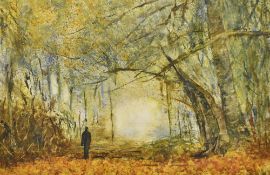 Attributed to J Burgess (contemporary) watercolour 'A Man in Autumn' within a white card mount and