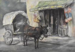 Artist unknown, charcoal and coloured chalks, mule with cart, initialled VDW lower right, within a