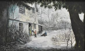 Stephen J. Darbishire (British b1940) oil on board 'Calling at Jackdaw Cottage' winter scene, signed