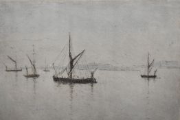 Michael Blaker (British 1928–2018) 'Sailing Barges at Chatham' limited edition etching on paper,