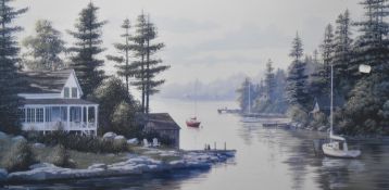 After William (bill) Saunders (Canadian b.1948) colour print, 'Country Cottage' lake front with