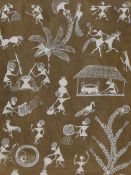An Indian Warli tribal painting on fibrous paper, depicting various figures carrying out daily