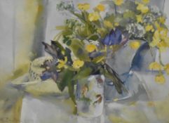 Brenda Inston (British 20th century) watercolour, still life study 'The Straw Hat' signed lower