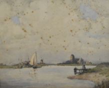 John Ernest Aitken (British 1881-1957) watercolour, Dutch waterway with boats, windmills and