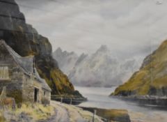 Edwin Grieg Hall (British 1929-2017) watercolour, mountainous landscape with lake and stone