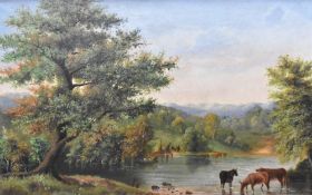 Artist unknown, Two English school oil on boards, idyllic river scenes, with figures, one with