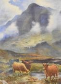 G.H Platt (20h century) watercolour, Scottish Highland scene with cattle, signed lower right, within