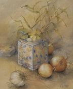 Artist unknown, 20th century mixed media still life, depicting onions, garlic and a vase with