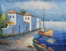 A colourful 20th century oil on canvas, Mediterranean coastal scene with boats, signed 'sautors'
