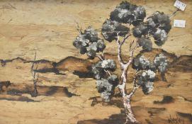Artist unknown, bark painting, depicting two lone trees in a hilly landscape, signed indistinctly